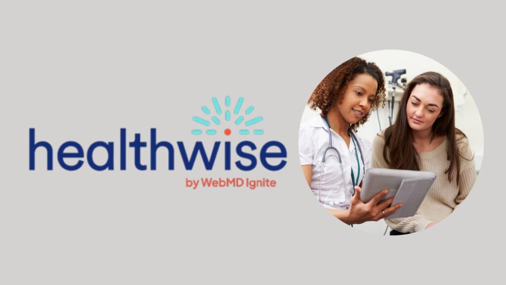 healthwise logo and clinician discussing health information with patient