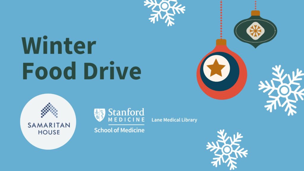 winter food drive with Samaritan House and Lane Library logo and holiday decorations
