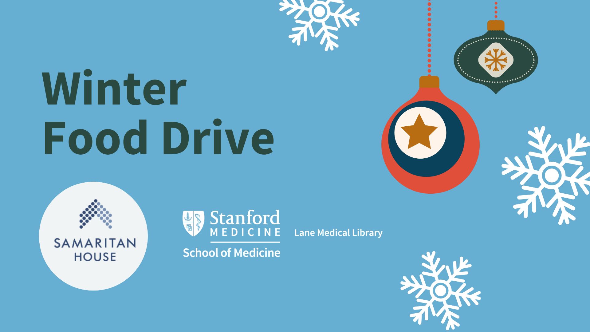winter food drive with Samaritan House and Lane Library logo and holiday decorations