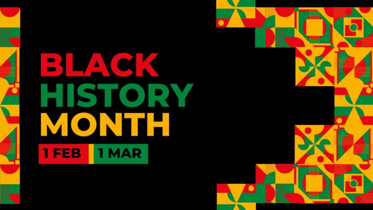 Black History Month 1 feb to 1 mar with yellow red and green patterned blocks