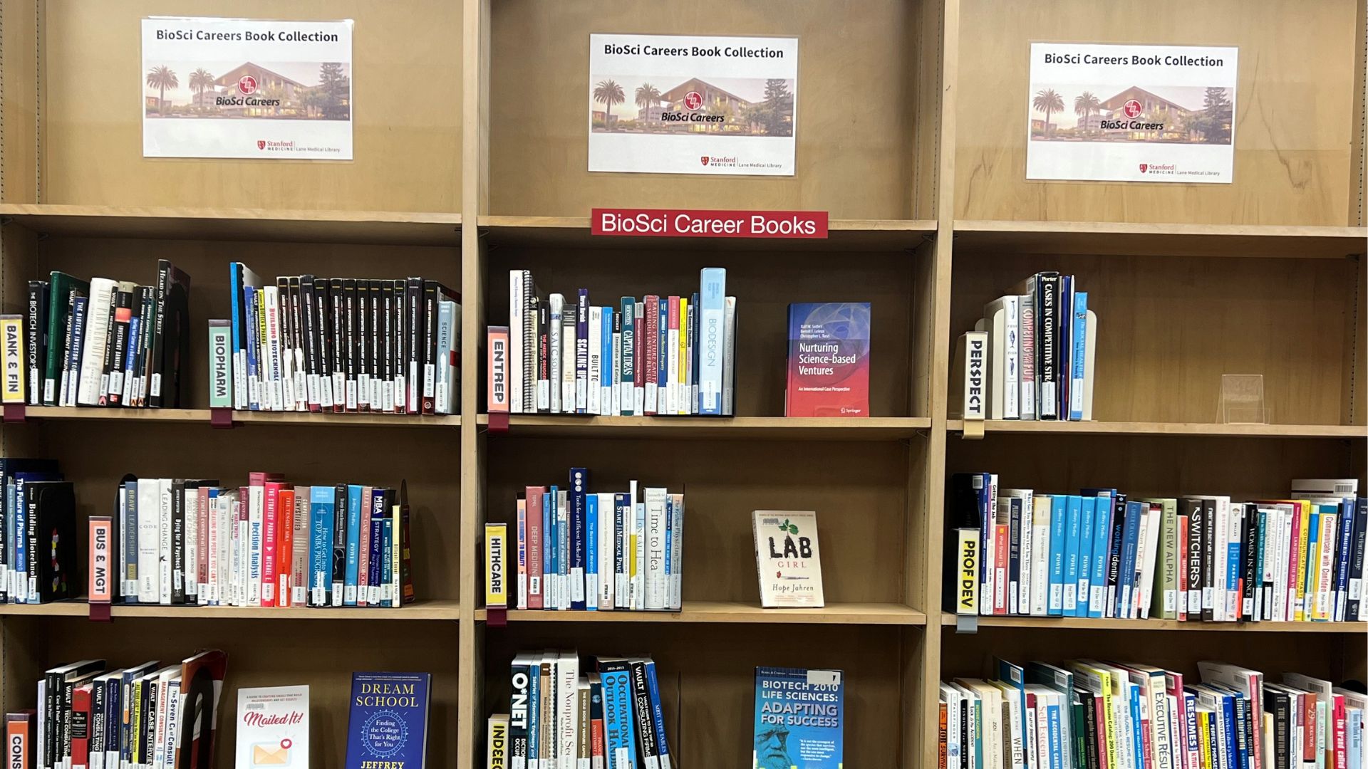BioSci Careers bookshelf in Lane Library