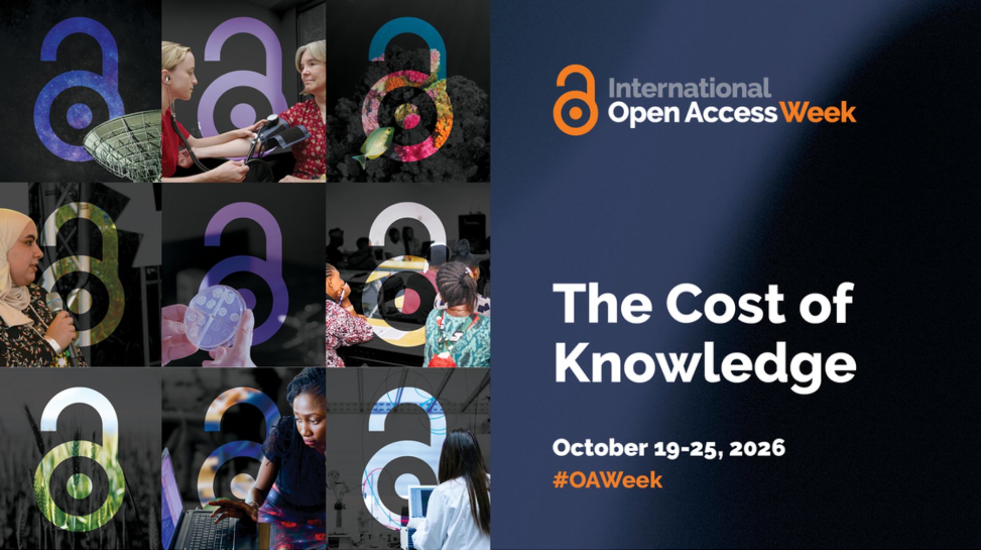 The International Open Access Week logo over images of knowledge sharing and creation