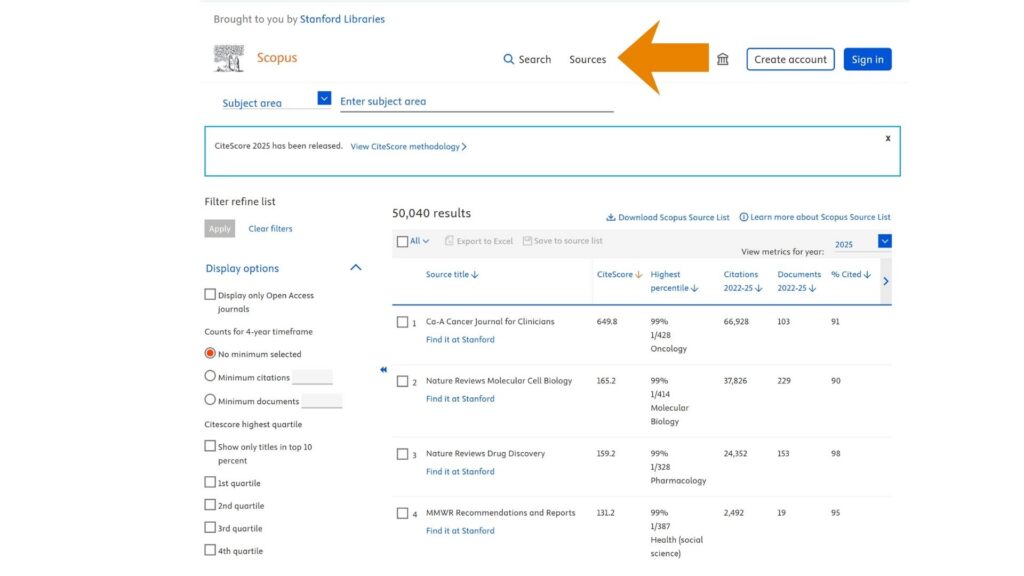 Scopus sources interface