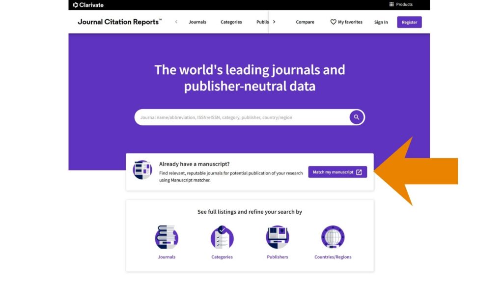 manuscript matcher button on Journal Citations Reports homepage